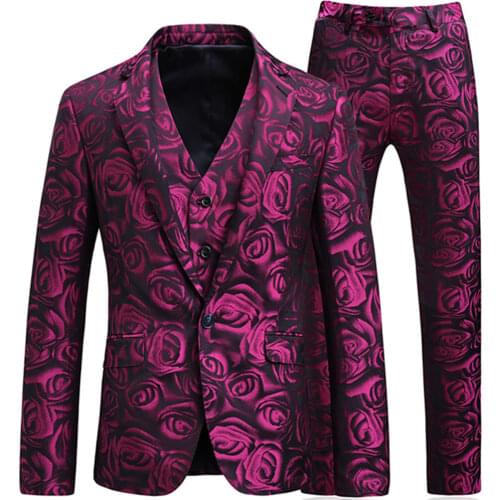 Jacket Vest Pants 2021 Floral Three Piece Suit Set Mens Slim Fit Rose Flower Pattern Wedding Party Prom Blazers Coat Trousers