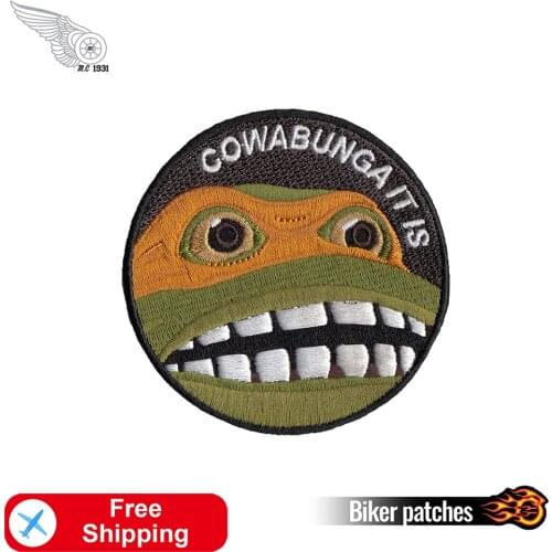 Cowabunga Ninja Frog Embroidered Iron on Badges Biker Cool Patches Jacket Jeans Appliques Twill Fabric Sticker Free Shipping