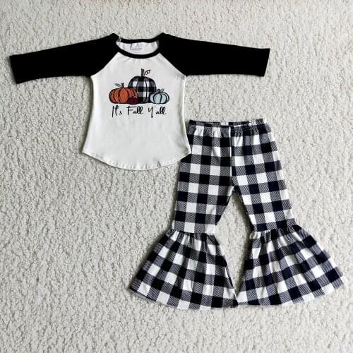 Wholesale High Quality Children Stitching Outfit Baby Girls Raglan Shirt With Pumpkin And Plaid Bells Suit For Halloween