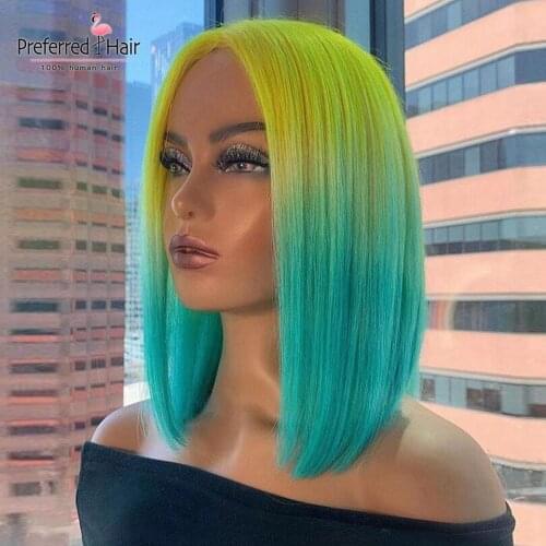 Preferred Preplucked Purple Green Wig Ombre Human Hair Wig Glueless Remy Brazilian Short Bob Lace Front Wigs For Black Women