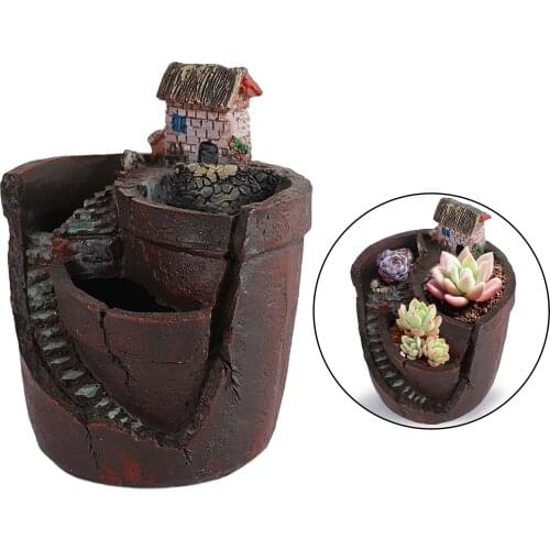 Rustic Flowers Succulent Plants Pot Hanging Garden Design with Sweet House, for Artificial Succulent Fairy Garden