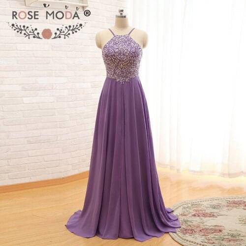 Rose Moda Bling Purple Floor Length Evening Dress Backless Crystal Formal Party Dress 2018