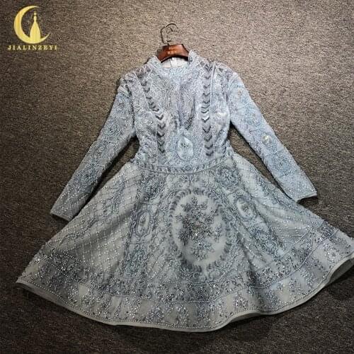 Rhine real Zuhair Murad Grey Blue Long Sleeves Full Luxurious Beads Crystal robes de bal Prom Dresses платье 2021 Party Dress