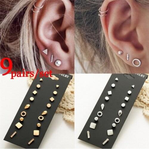 9 Pair/set Women Square Crystal Heart Stud Earrings For Women Piercing Simulated Pearl Flower Earrings Set Gift Jewelry