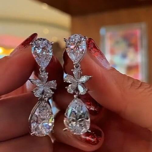 Huitan Delicate Flower Dangle Earrings with Water Drop Cubic Zirconia Design Novel Womens Accessories Wedding Trendy Jewelry