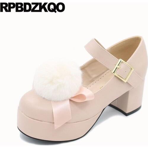 Pumps High Heels Brown Sweet Pink Ladies Chunky Mary Jane Medium Fur Platform Lolita Shoes Bow Strap Pom Poms Round Toe Thick