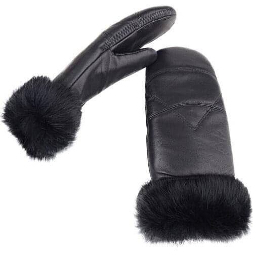 Zero fish leather Winter New Womens Genuine Leather Gloves Rabbit Fur Mitten Fingerless Gloves Thick Thermal Gloves