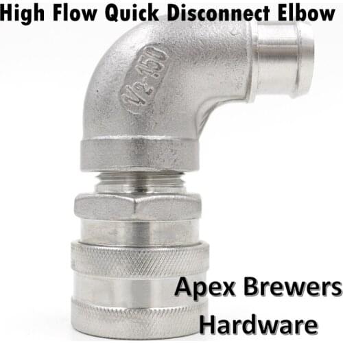 High Flow Quick Disconnect Street Elbow, 5/8" O.D. x 1/2" I.D. Barb, Brewer Hardware, Homebrew Fitting