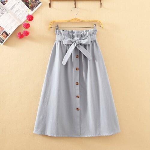 Summer Autumn Skirts Womens 2021 Midi Knee Length Korean Elegant Button High Waist Skirt Female Pleated School Skirt