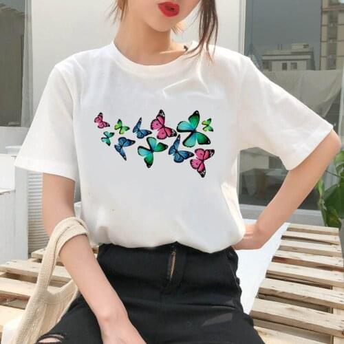 Womens T-shirt 90s Ulzzang Harajuku Graphic Funny Butterfly on hairpin Print T-shirt O Neck Casual Womens Top T-shirt