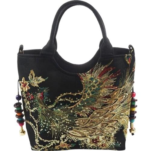 Shiny Sequins Peacock Embroidered Women Canvas Totes Bag, Summer Shopping Shoulder Bag Vintage Beaded String Handbag Black