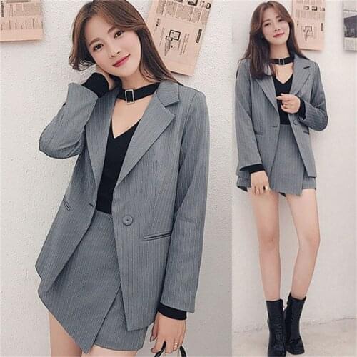 Office Lady Fashion Women Skirt Suits One Button Notched Striped Blazer Jackets and Slim Mini Skirts Two Pieces OL Sets Female