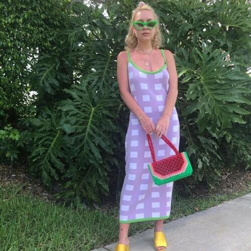 Women’s Sexy Party Suspender Knitted Dress Fashion Plaid Printing Backless Slim Fit Long Dress