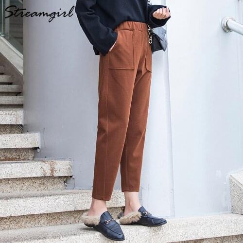 Winter Woolen Pants For Women Vintage Autumn Thick Trousers Woolen Loose High Waist Harem Black Thicken Wool Pants Capris Warm