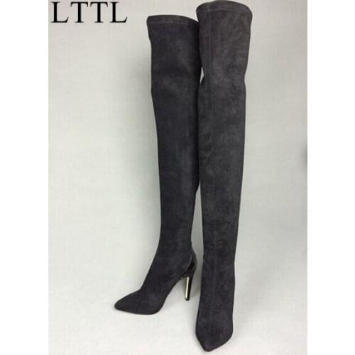 100% Factory Real Photo Black Suede Leather Over The Knee Boots Pointed Toe Back Zipper Tight High Boots Women Size 34-41