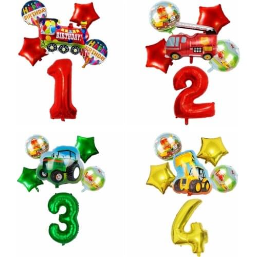 6pcs Cartoon Car Balloon Fire Truck Car Foil Balloon Farm tractor Globos Children Gifts Birthday Party Decorations Kids Balls