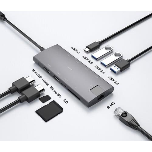 9 in 1 USB C HUB To 4K HDMI Mini DP USB 3.0/2.0 PD Adapter RJ45 For MacBook Pro USB Splitter USB HUB 3 0 For Type C Laptop