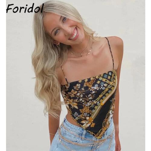 Foridol Chain Print Satin Camis Tops Sexy Backless Bowknot Black Flora Print Boho Summer Vintage Top Womens Clothing 2021