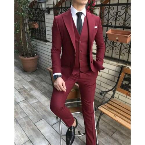 2021 Burgundy Business Men Suits Groom Tuxedos 3 Pieces Formal Wear Best Man Mens Wedding Suits Jacket+Pant+Vest Terno Masculino
