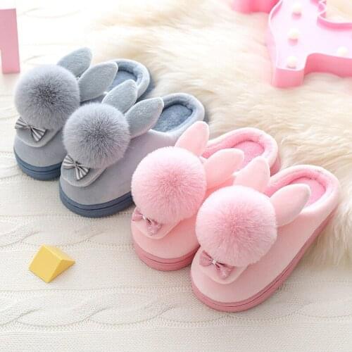 Kids Winter Slippers For Girls Boys Home Slippers Cartoon Rabbit Warm Indoor Shoes Childrens Shoes Plush Bowtie Women Slippers