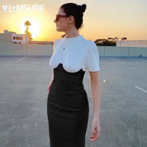 IAMSURE Slim Patchwork Long Dress Sexy Short Sleeve O-Neck Straight Dresses For Women 2021 Elegant Fashion Casual Office Ladies