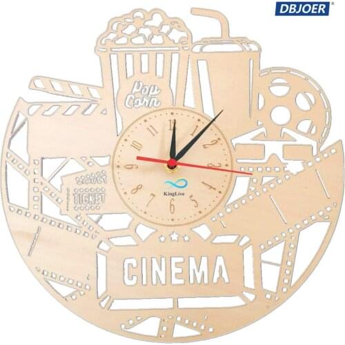 Home Theater Cinema Wall Clock Made of Wood Wall Watch Movie Film Time Clock Popcorn Handmade Wall Art Gift for Movie Lover