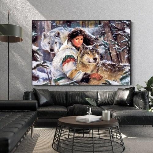 Girl And Wolf On The Snow Painting on Canvas Cuadros Posters and Prints Scandinavian Wall Art Picture For Living Noom Home Decor