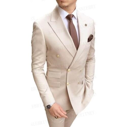 Classic Gold Buttons Men Suits Double Breasted Custom Beige Gentleman Tuxedo Blue Wedding Groom Dress Suit Blazer with Pants Set