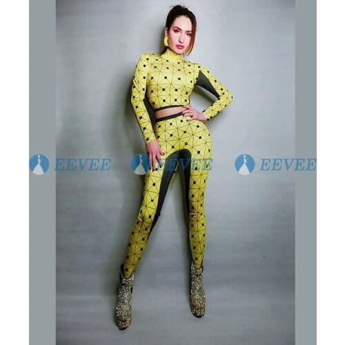 Yellow plaid stretch Outfit Sexy tights tops pants Dance Wear Nightclub Singer rave clothes drag queen costumes