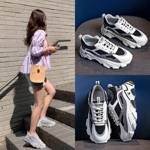Women Sneakers Lace-Up Genuine Leather Mesh Casual Platform Sports Running Off White Shoes Chunky Heel Zapatos De Mujer