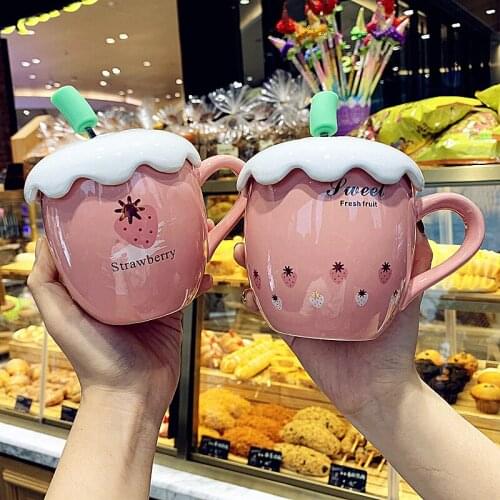 Lovely Strawberry Ceramic Mug With Lid Spoon Cartoon Creative Strawberry Shape Water Cup Home Milk Breakfast Office Coffee Cups