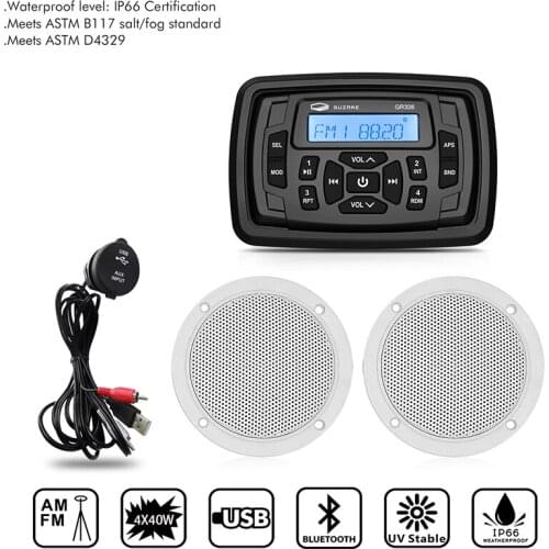 Marine Bluetooth Stereo Audio System Radio FM AM Receiver MP3 Player+4inch Waterproof Marine Speakers+Boat USB Extension Cable