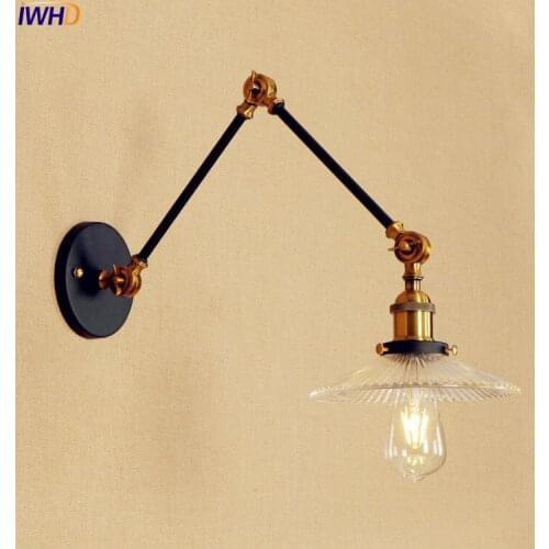 IWHD Antique Glass Retro Wall Lights Fixtures Bedroom Adjustable Swing Long Arm Wall Lamp Vintage Loft Industrial Home Lighting