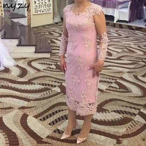 NYZY M53 Tea Length Pink Mother Of The Bride Lace Dresses 2019 Long Sleeves Wedding Party Evening Vestido Groom Mother Gowns