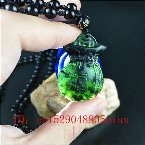 Certified Chinese Natural Black Green Jade Blessing Bag Pendant Necklace Charm Jewelry Obsidian Accessories Carved Amulet Gifts