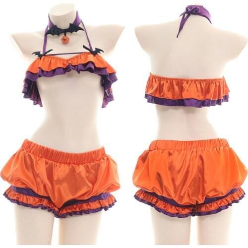 Halloween Sexy Suit Japanese Lolita Pumpkin Biniki Shorts Devil Bat Bell Underwear Set Cosplay Female Lingerie 2pcs Set