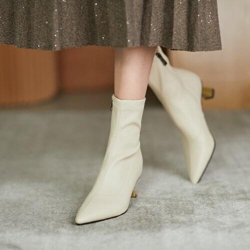 2020 Chic Stylish Women Ankle Boots Beige Elastic Autumn Chelsea Botas Pointed Toe Office Lady Prom Stilettos Metal Heels Scarpe