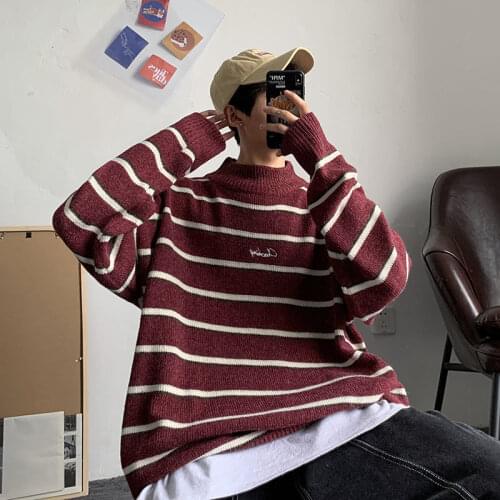 Mens Half-turtleneck Embroidered Striped Sweater 2020 Winter Warm Woman Korean Streetwear Fashion Pullovers