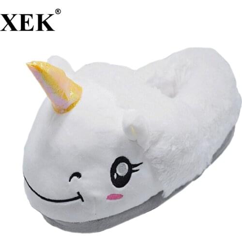 XEK Unicorn Slippers 2017 Winter lovely Home Slippers Cartoon Plush Chausson Licorne Unisex Family White Shoes Women ST224