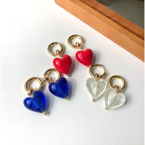 Temperament Glass Love Heart Huggie Dangle Earrings Gold Circle Large Hanging Earrings Unusual Bohemian Drop Earrings for Women