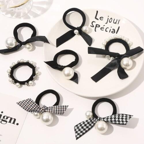 Women Elegant Pearl Hair Tie Rubber Black Bow Hair Rope Girl Elastic Hair Band Houndstooth Pattern Hair Accessories New Year