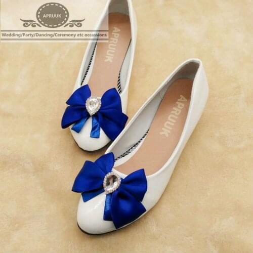 3CM low wedges heel royal blue white wedding shoes woman blue satin bow butterfly-knot ladies girls dinner parties pumps shoe