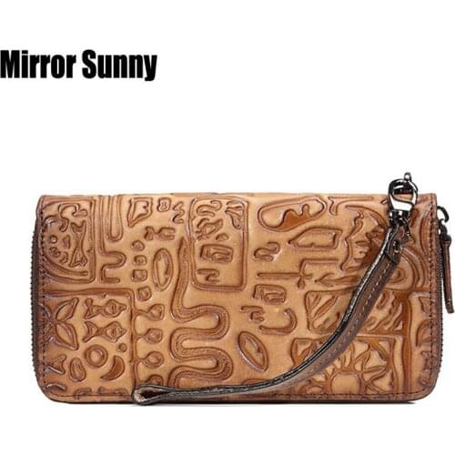 Retro Oracle Nature Skin Leather Wallet For Women Large Capacity Zipper Wristband Purse Genuine Leather Mobile Clutch Wallet Bag