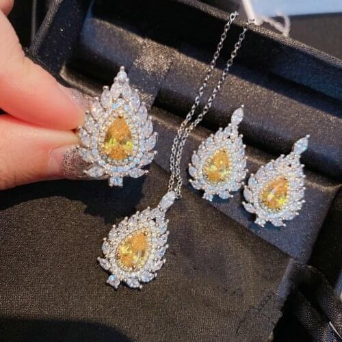 Charms Luxury Retro Jewelry Sets 925 Sterling Silver Water Drop Crystal Citrine Necklace for Women Rings Yellow Zircon Earrings