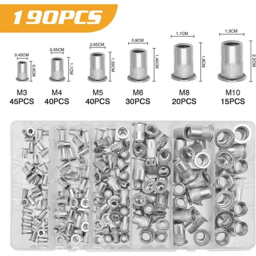 165PCS M3 M4 M5 M6 M8 Rivet NutsInsert Rivets Mix Size Aluminum Flat Head Rivet Nuts Set