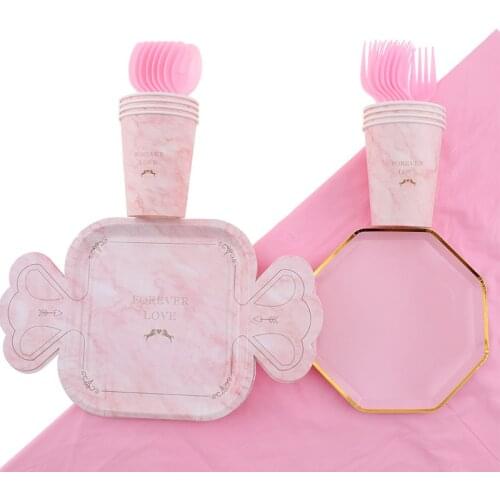 41Pc/Set Pink Wedding Marble Theme Disposable Tableware Baby Birthday Decoration Shower Napkins Spoon Tablecloths Party Supplies