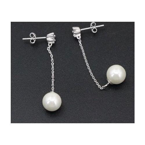 Free shipping >>>>noble jewelry 8mm White Round Freshwater Pearl Earring 925 Sterling Silver Long Dangle Earrings