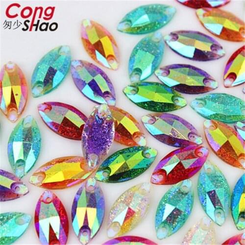 Cong Shao 200pcs 7*15mm Shiny AB Colorful Horse eye flatback Resin Rhinestone crystals sewing 2 Hole DIY costume Button CS153