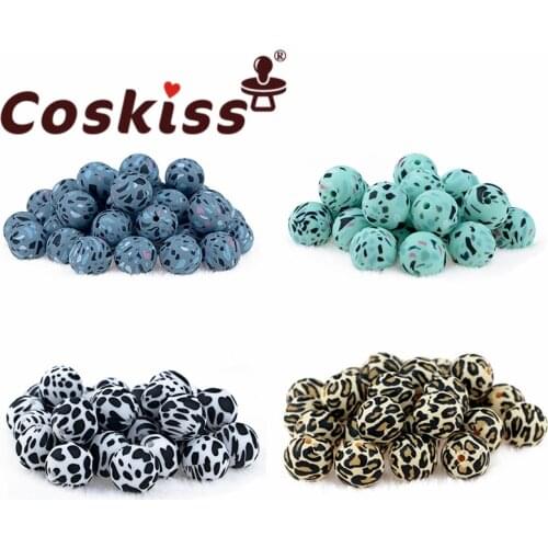 Coskiss 50PC 12/15mm Silicone Leopard Print Bead Food Grade Teether Round Printing DIY Crafts Baby Teether Safe Rattle Beads