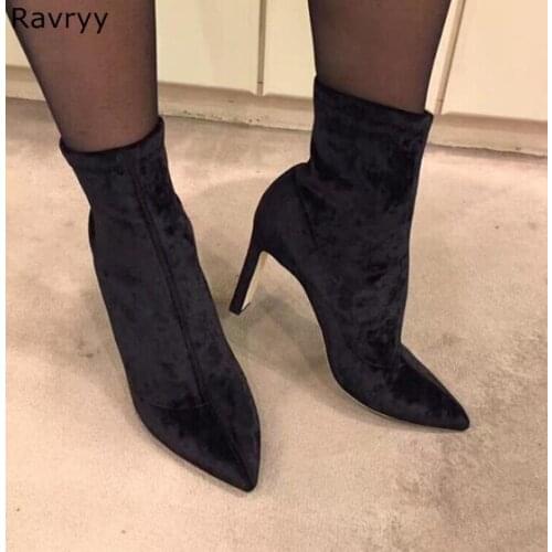 Slip-on Elastic Black Long Boots pointed toe Woman ankle Boots Thick heel female Booties Fashion Autumn Winter dress Shoes